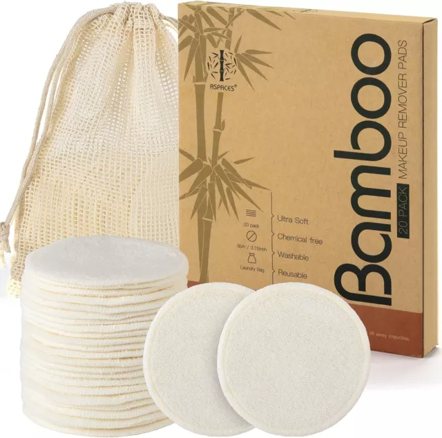 20 Packs Bamboo Cotton Reusable Makeup Remover Pads Natural Vegan Eco-Friendly