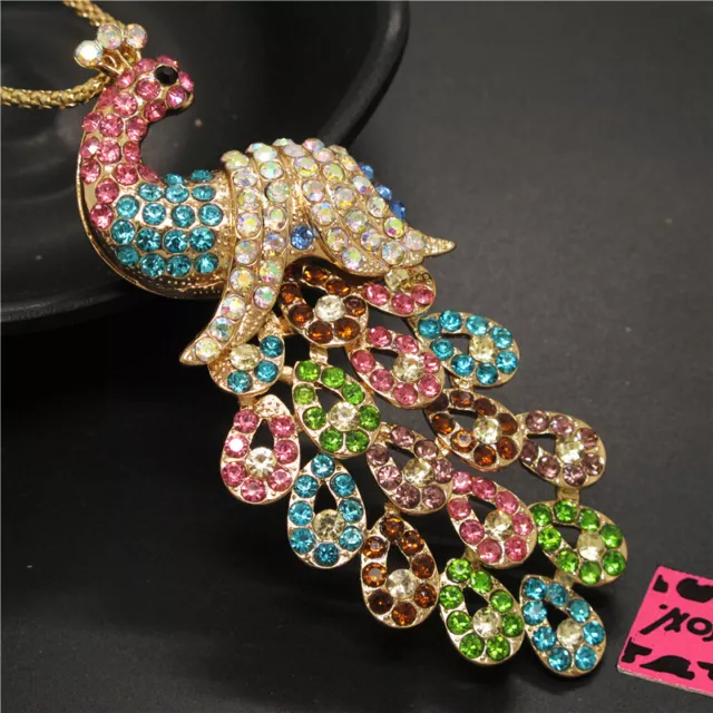 Betsey Johnson Rhinestone Colorful Bling Peacock Crystal Pendant Chain Necklace 2