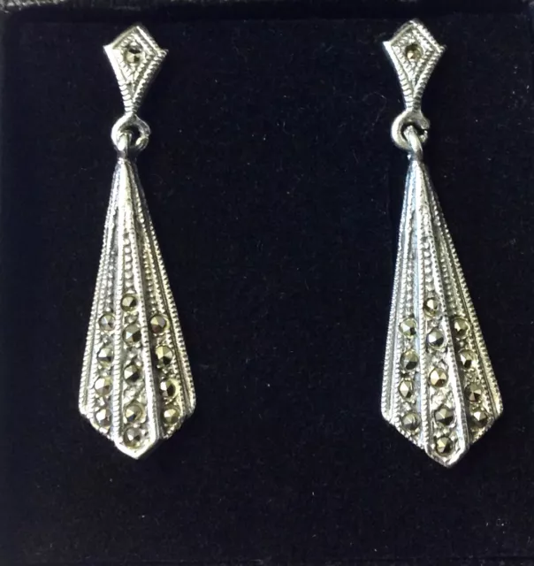 Art Deco 1920s geometric long dangle Marcasite Earrings Sterling Silver