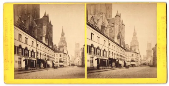 Stereo-Fotografie J. Queval, Ansicht Genf, Strassenansicht mit Kathedrale und L