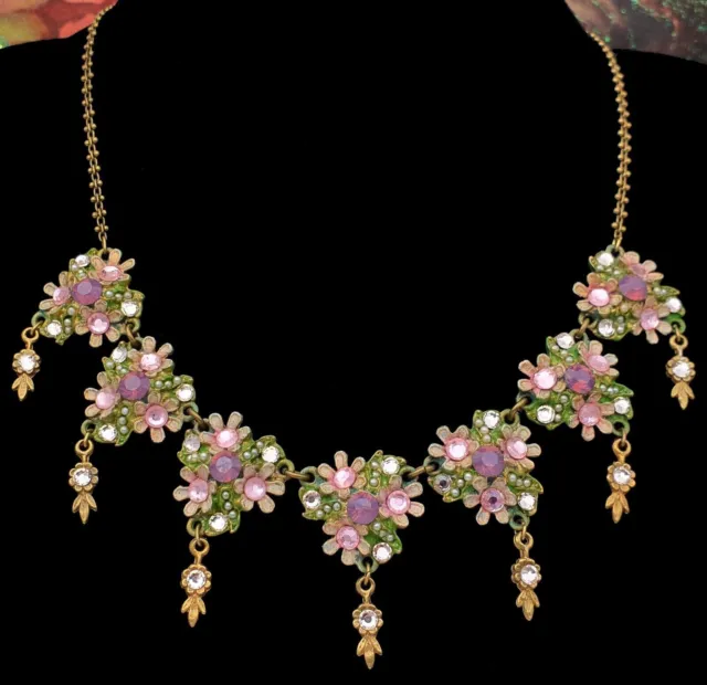 Michal Negrin Necklace Pink Lilac Swarovski Crystals Flowers Bib Victorian Fairy