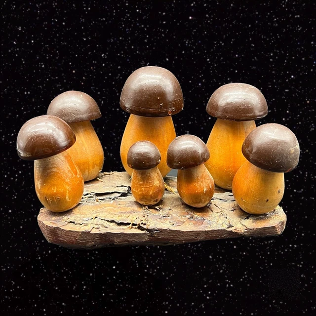 Whimsical Wood Mushrooms on Drift Wood Figurine Hand Made 5”T 6”W