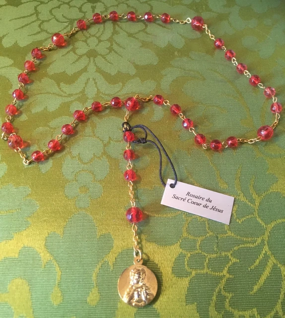 FRENCH 1960S SACRED HEART OF JESUS ROSARY GOLD METAL RED GLASS BEADS FRENCH 1960S SACRED HEART OF JESUS ROSARY GOLD METAL RED GLASS BEADS
