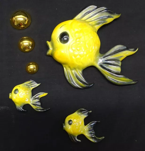 Ceramicraft California Pottery 3 Yellow & Black Fish with 3 Gold Bubbles
