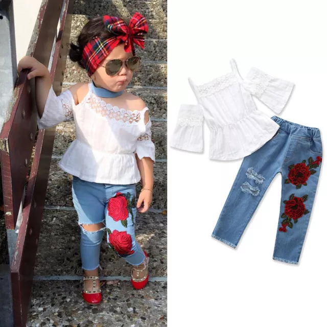 Toddler Baby Girl Summer Clothes Floral Short Sleeve Tops  Denim Pants Outfits