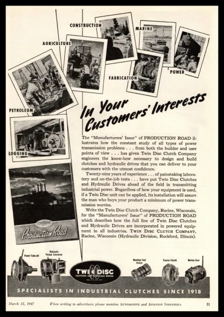 1947 Twin Disc Clutch Co. Hydraulic Division Rockford Illinois Vintage Print Ad