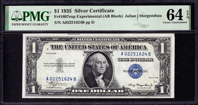 1935 $1 Silver Certificate Experimental Note A-B Block Fr.1607 Pmg Cu 64 Epq