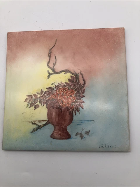 Vtg Wheeling Cushion Ceramic Hand Painted Tile Urn Vase Floral Signed  6"X6"