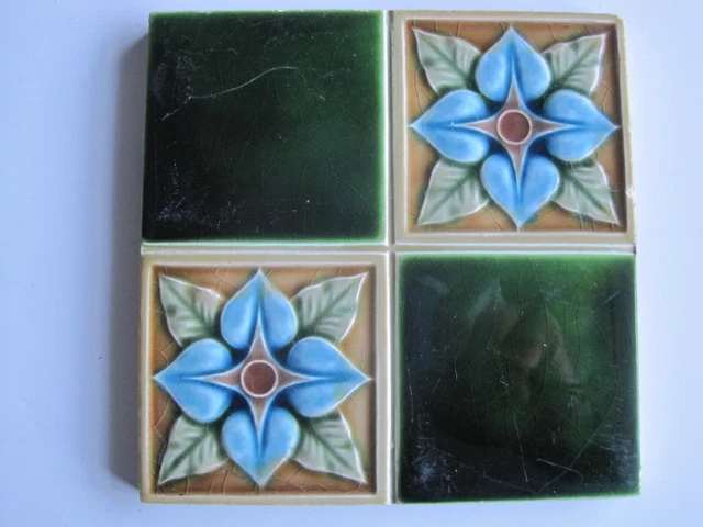 ANTIQUE ART NOUVEAU TILE - H. RICHARDS - QUARTERED BLUE FLOWER / GREEN c1902-09