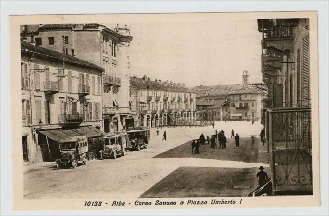 Cartolina Alba Cuneo Corso Savona Piazza Umberto I - Auto Postali Animata 1928