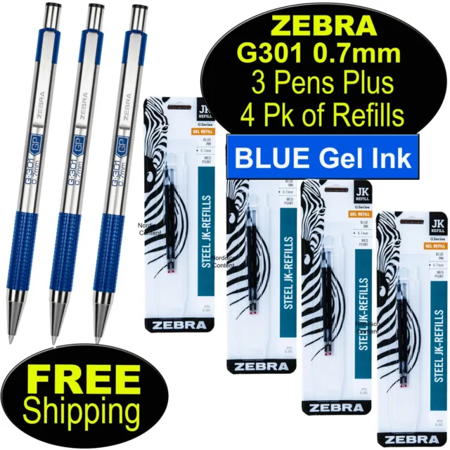 Zebra G-301 Gel Pens With Refills, Blue Gel Ink, 0.7mm Medium Point, 7-Piece Set