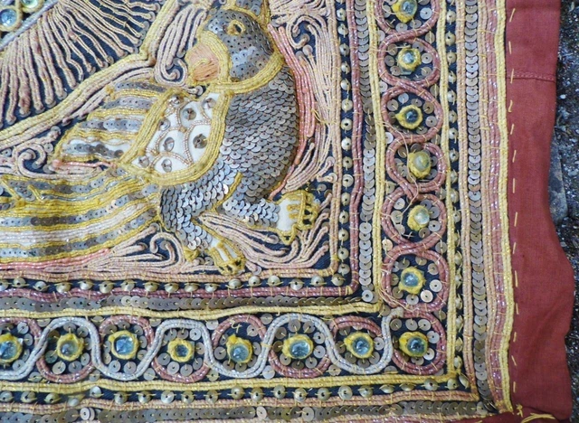 Fine Antique Burmese Kalaga Wall Tapestry Bead Glass Sequins Elephant Embroidery 4