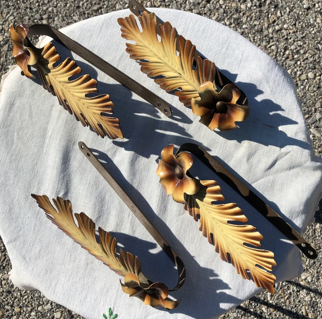 Antique Art Deco Brown Enameled Flower Metal Curtain Drapery Tie Back Hook Set/4 3