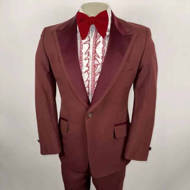Vtg 60s 70s Tuxedo Suit Mens 41 Jacket 36 33 Pants Disco Retro Prom Mod Burgundy