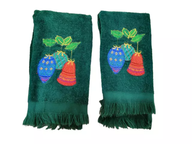 Set of 2 Christmas Green Fingertip Guest Towels Embroidered Red Blue Ornaments