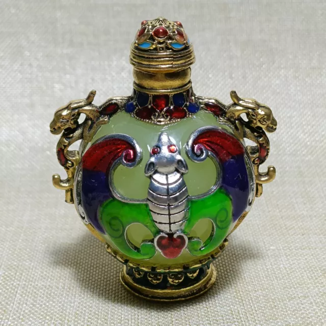 Perfect Chinese Antique Copper Cloisonne Carving Bat Beasts Snuff Bottle sd4