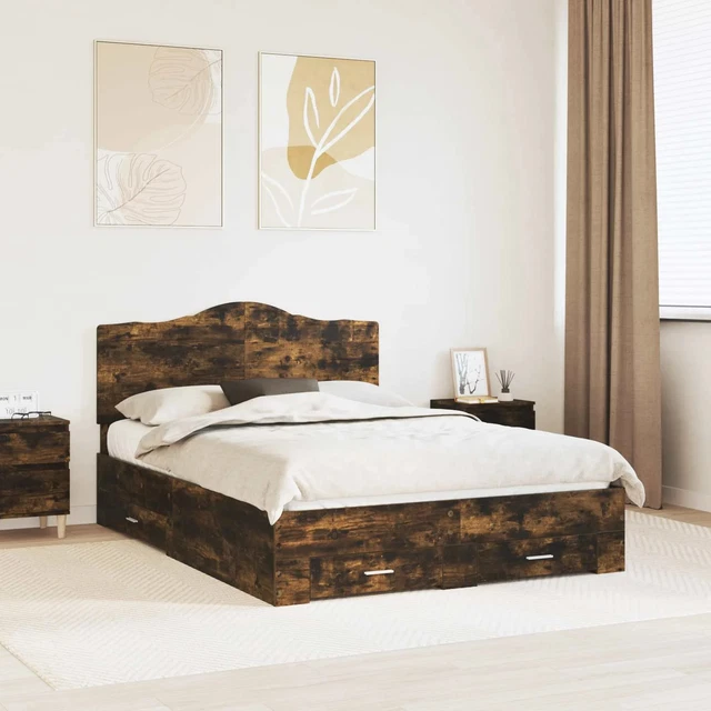 BED FRAME WITH Drawer Smoked Oak 140 x 190 cm Engineered Wood vidaXL £ ...