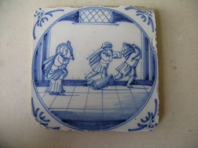 Antique 18th century biblical manganese Delft tile Matthew 21:12 (Jesus temple)
