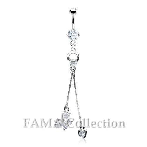 FAMA Gem Butterfly & Heart Dangle with 316L Steel CZ Prong Set Navel Belly Ring