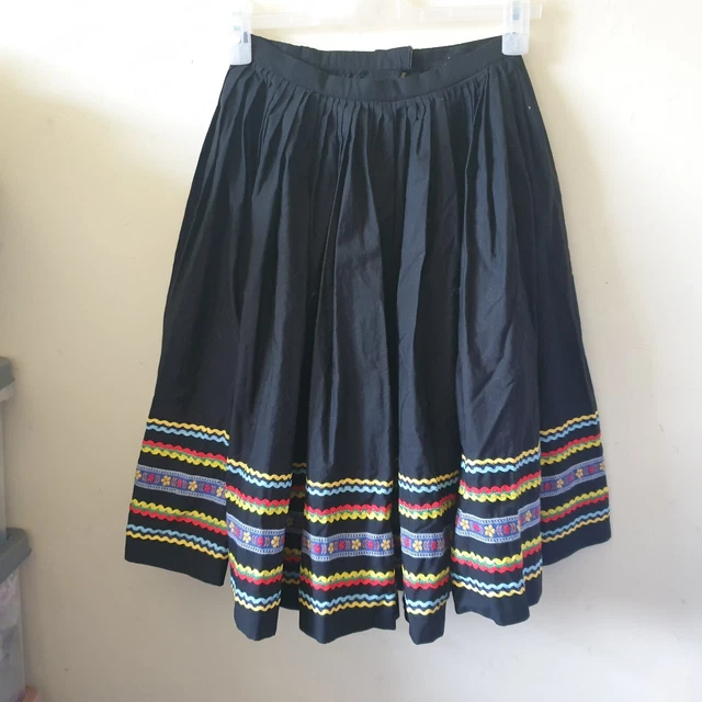 Gonna a dondolo vintage nera cotone taglia 6 8 contadino ric rac intrecciata gialla