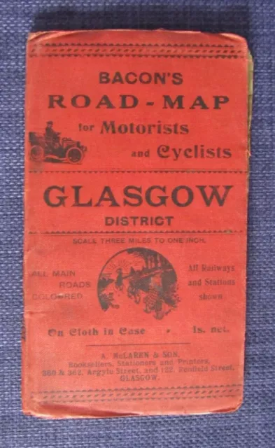 Bacons Road Map For Motorists and Cyclists Glasgow District On Cloth Early 1900s