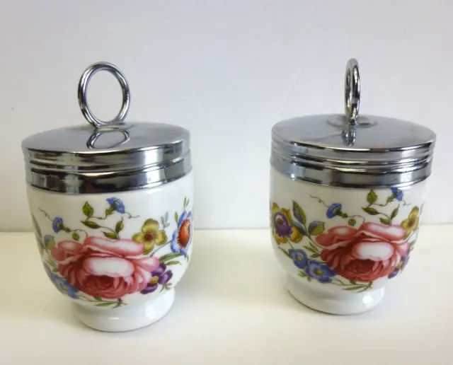 Royal Worcester Egg Coddlers Matched Pair, Bournemouth Rose Floral Standard EUC