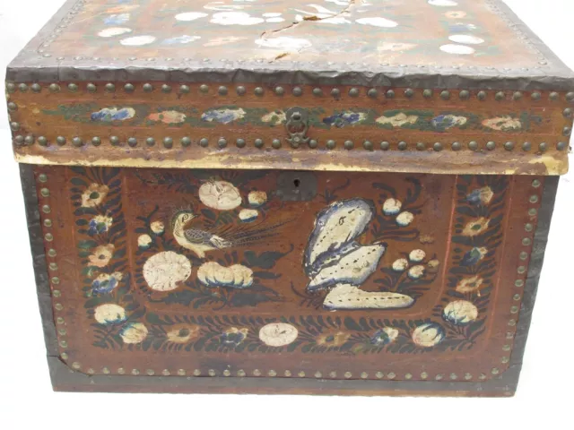 Antique Hand Painted Leather Camphor Wood  Trunk Mexico / China Trade 2