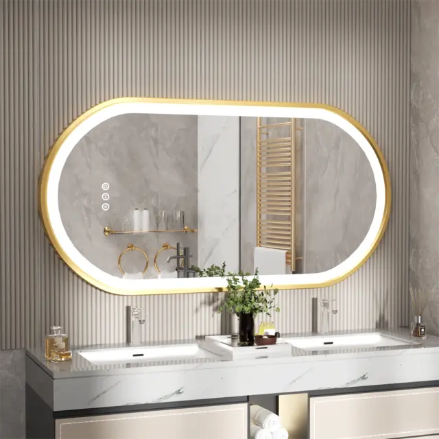 LED Bathroom Mirror Illuminated Light Innovative Makeup Mirror Oval Gold Frame