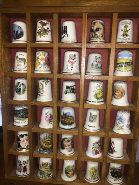 Thimble display case with 30 thimbles wooden lovely display