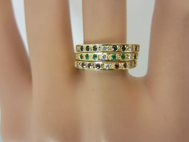 Vintage 18k Yellow Gold Emerald Ruby Blue Sapphire Diamond Set of 3 Stack Rings