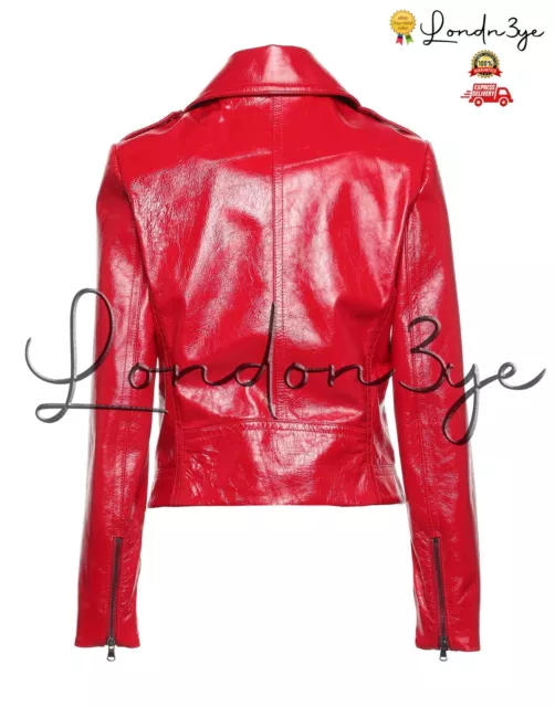 Women Vinyl Biker Jacket Womens Red Faux Patent Leather Motorcycle Jacket 2