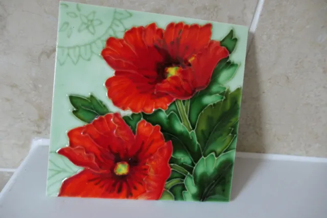 15.1 Cm Square Art Tubeline Pottery Tile- 2 Red Poppy Flowers With Leaves Plaque