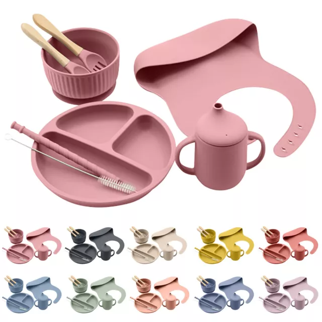 8PC/Set Silicone Baby Feeding Tableware Bowl Plate Spoon Fork Straw Brush Bib AU