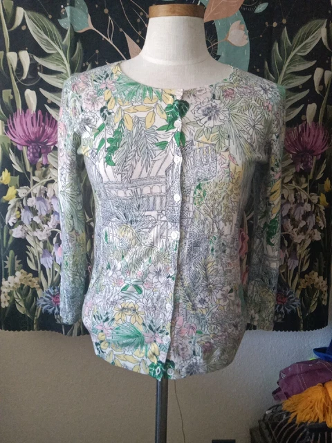 Talbots L Cardigan 3/4 Sleeve Button Up Floral Green Yellow Lightweight