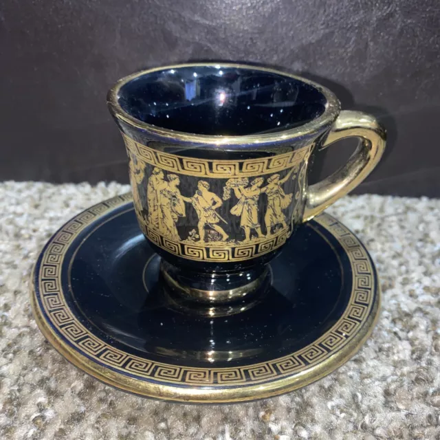 (1) Hand Made in GREECE 24K Gold TEA CUP/SAUCER Greek Myth Gold /Black “SC” Mark