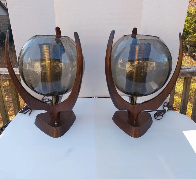 1960s Modeline Pearsall Era Pair Walnut Smoked Glass Space Globe Table Lamps MCM
