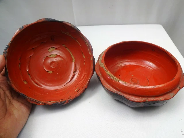 Antique Burmese Lacquerware Pumpkin Box Jewelry Box Black & Red Color Collectib" 4