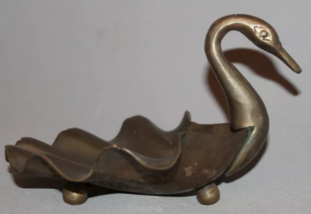 Antique Solid Brass Swan Figurine / Footed Ashtray 2