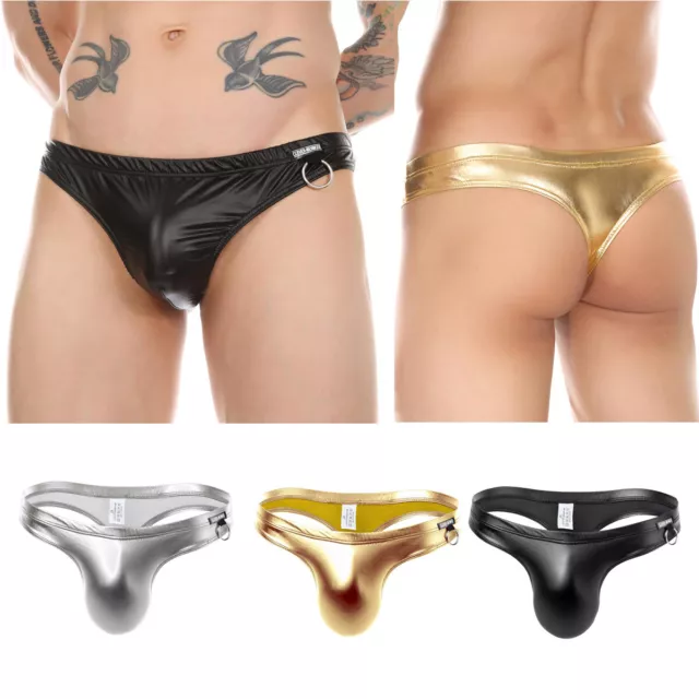 Men Wet Look Briefs Thong G string Sexy Faux Leather Underpants Underwear