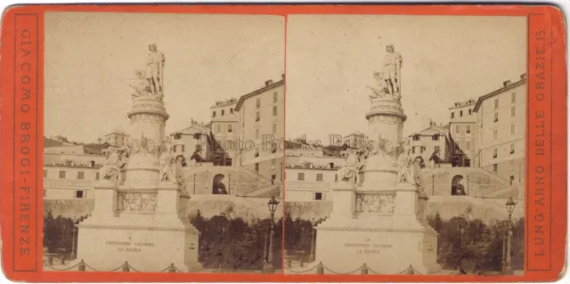 Genova Genoa Statue Christoforo Colombo Italy Stereo Albumin Ca 1880