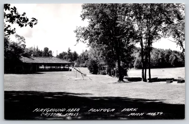 Crystal Falls Michigan~Pentoga Park~Playground Area & Pavilion~c1950 RPPC