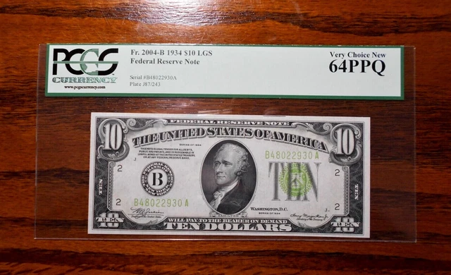 1934 $10 Federal Reserve Note LGS (Light Green) 💲 PCGS 64 PPQ 3