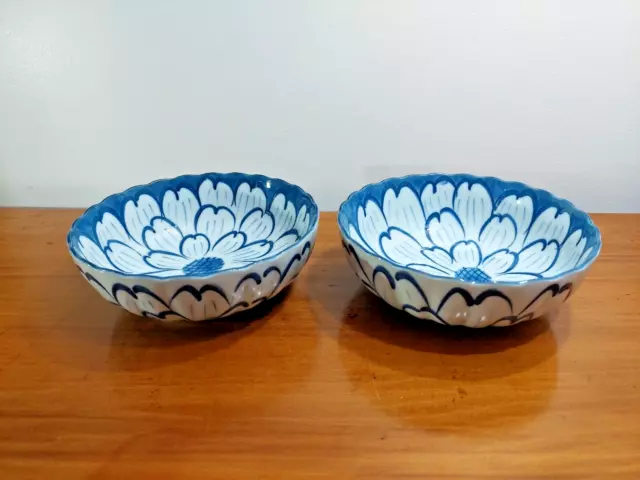 Pair of Beautiful Vintage Japanese Bowl Blue on White Hand Painted Soup Bowl
