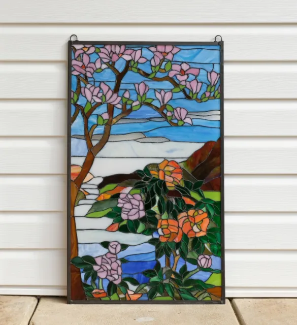20.5" x 34.25"Handcrafted stained glass Jeweled window panel Cherry Blossom