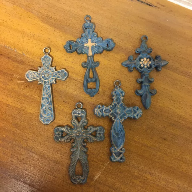 Set Of 5 Small Cast Iron Crosses Blue W/ Gold Accents Ornaments Hanging Wall Art