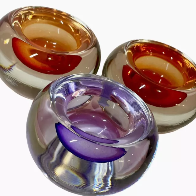 German MCM Art Glass Red Purple Sommerso Votive Candle Holder Paperweight Round
