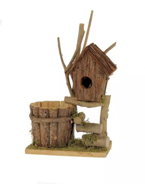 Deko Holz Pflanztopf mit Vogelhäuschen - 32 cm - Haustür Garten Topf Blumentopf