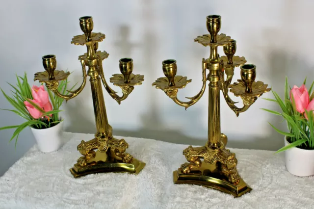 PAIR antique french bronze candelabras candle holder lion paws