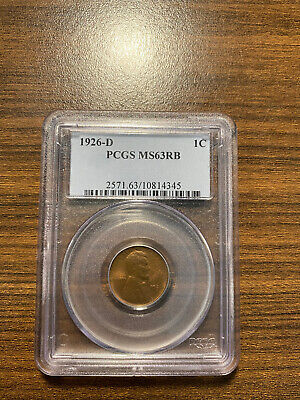 1926-D Lincoln Wheat Penny Cent 1C PCGS MS 63 Red Brown RB Type 1, Wheat Reverse