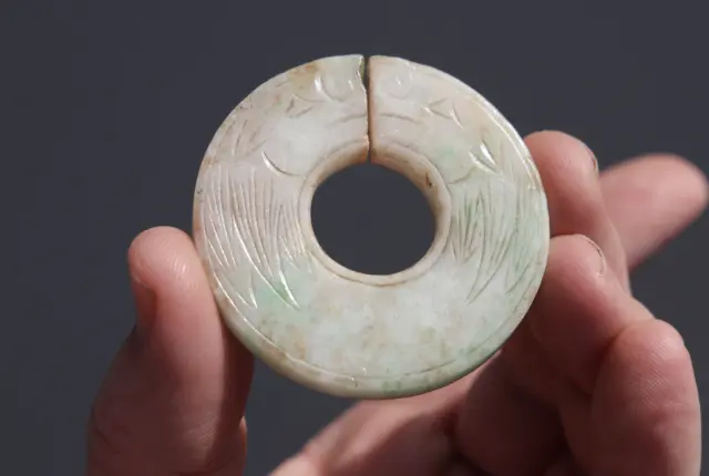 Antique Chinese 20th Century Carved White & Green Jadeite Jade Dragon Bi Disc